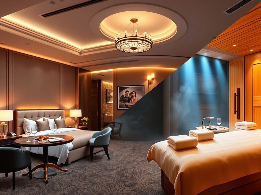 Split-scene modern casino hotel interior; elegant suite lounge with plush bed; gourmet restaurant table; serene wellness spa with sauna steam and massage bed; warm lighting."