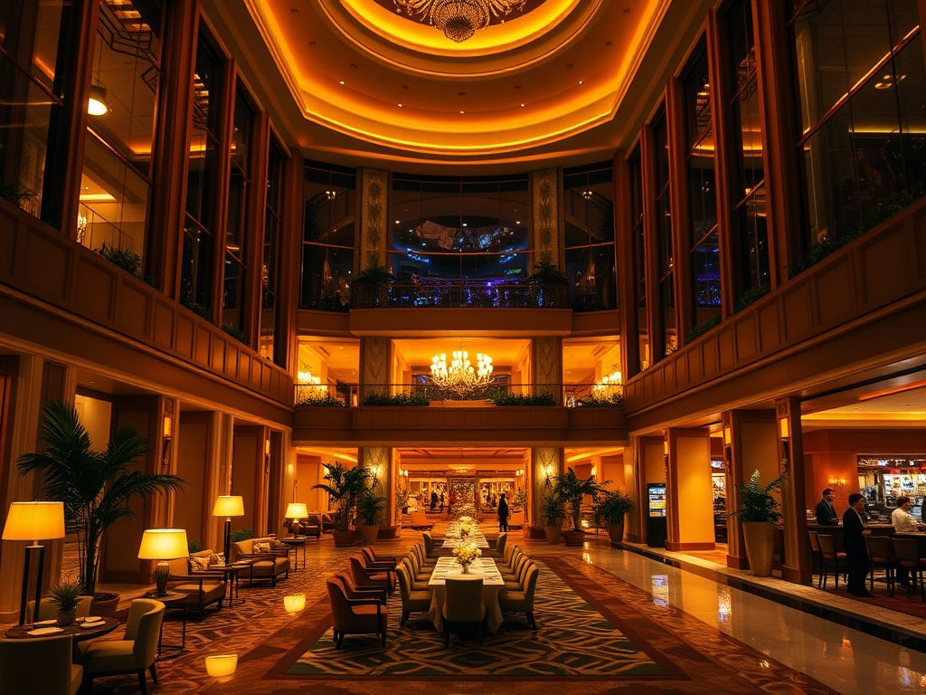 “luxury casino hotel atrium at night” “golden warm lighting” “elegant suites view” “silk lounges” “gourmet dining ambiance” “glowing spa entrance” “attentive staff silhouettes” “festive yet refined entertainment lights”