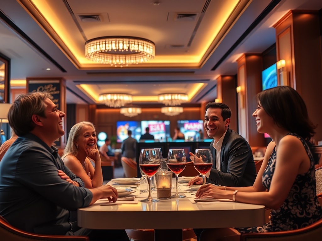 A warmly lit modern casino hotel lounge, smiling concierge offering personalized welcome, satisfied guests sharing laughter, elegant dining table, soft wellness glow, cinematic realism.