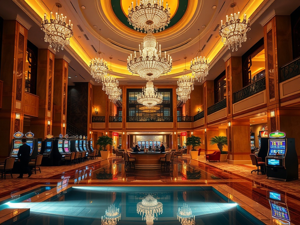 A luxurious casino hotel lobby at night, warm marble, crystal chandeliers, elegant lounge seating, soft lighting, subtle slot-machine glow, serene resort pool view, attentive staff silhouettes.