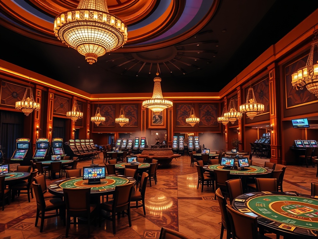 A luxurious casino hotel interior at night, glowing chandeliers, elegant gaming tables, plush seating, marble floors, distant spa steam, inviting warm ambiance.