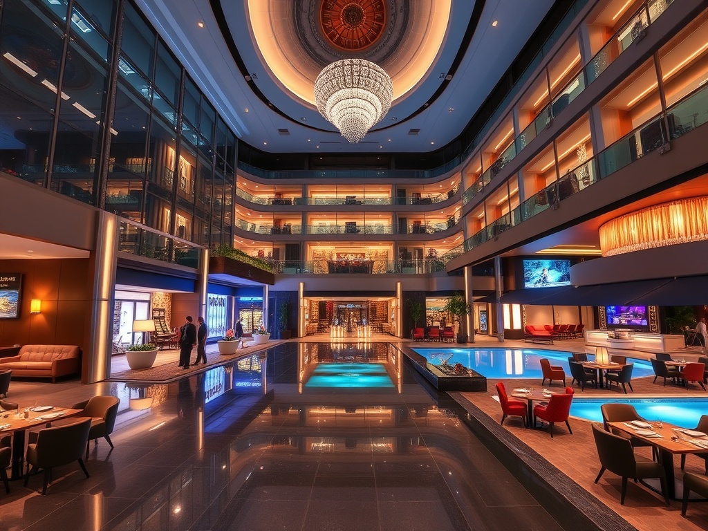 Modern casino hotel resort scene, elegant lobby, stylish suites glimpsed, warm gourmet dining lighting, serene wellness spa pool, vibrant entertainment lounge, inviting atmosphere, wide-angle.
