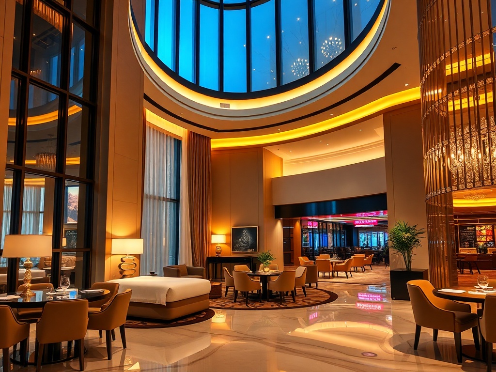 "Modern casino hotel lobby" "elegant suite window" "gourmet dining ambiance" "subtle spa glow" "vibrant entertainment lights" "warm inviting atmosphere"
