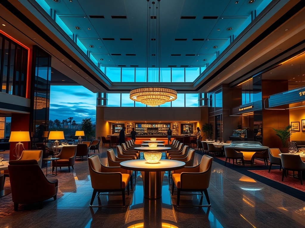 "Modern luxury casino hotel lobby at dusk, elegant seating, warm concierge gesture, gourmet dining table glow, subtle spa lounge in background, sophisticated resort ambiance, cinematic lighting"