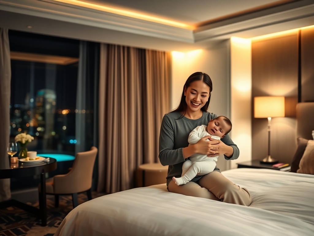 "luxury hotel suite at night" "soft spa glow" "elegant gourmet dining" "subtle entertainment lights" "smiling parents holding a sleeping baby" "warm concierge service".