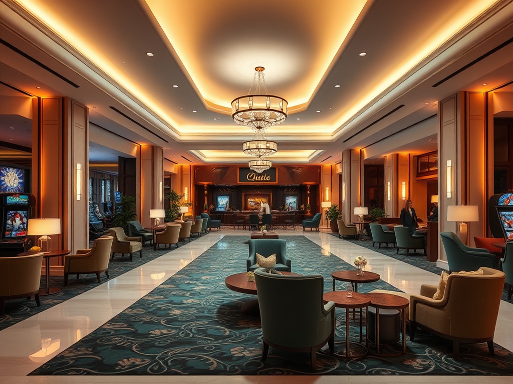 "modern luxury resort lobby" with "warm ambient lighting", "elegant seating", "soft velvet textures", "subtle gaming ambiance", "friendly concierge".