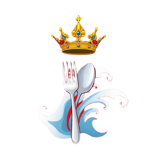 "luxury crown" hovering above "fork and spoon" with "spa wave" as aura, elegant resort vibe, centered composition, thick outline, flat shapes, minimal shading, vibrant solid background, no text