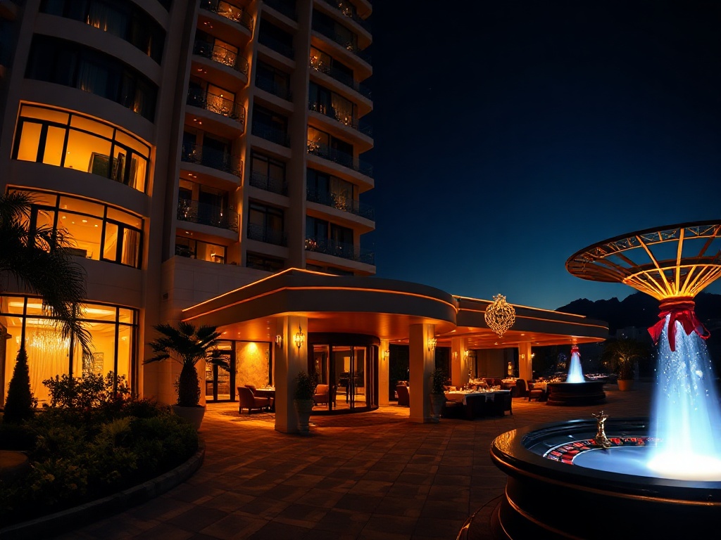 "luxury casino hotel resort at night" "glowing entrance" "elegant suites windows" "gourmet dining ambience" "indoor spa steam" "subtle casino roulette glow" "gift-like warm light"