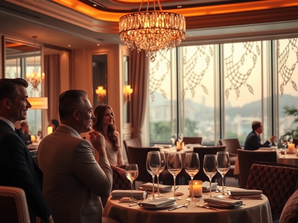 A glamorous casino-hotel scene showing elegant guests smiling, a luxurious suite lounge, warm candlelit gourmet dining, and a tranquil spa corner, cinematic lighting, high-end mood." "You MUST not include ANY brand images or logos. You may ONLY reply with