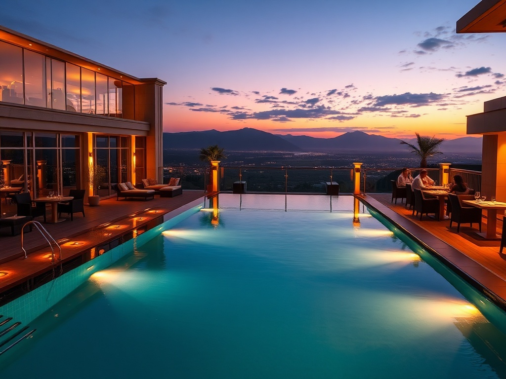 "luxe casino hotel infinity pool at dusk, warm ambient lights, elegant lounge terrace, spacious suite window glow, guests in robes, serene wellness steam, fine dining ambiance"