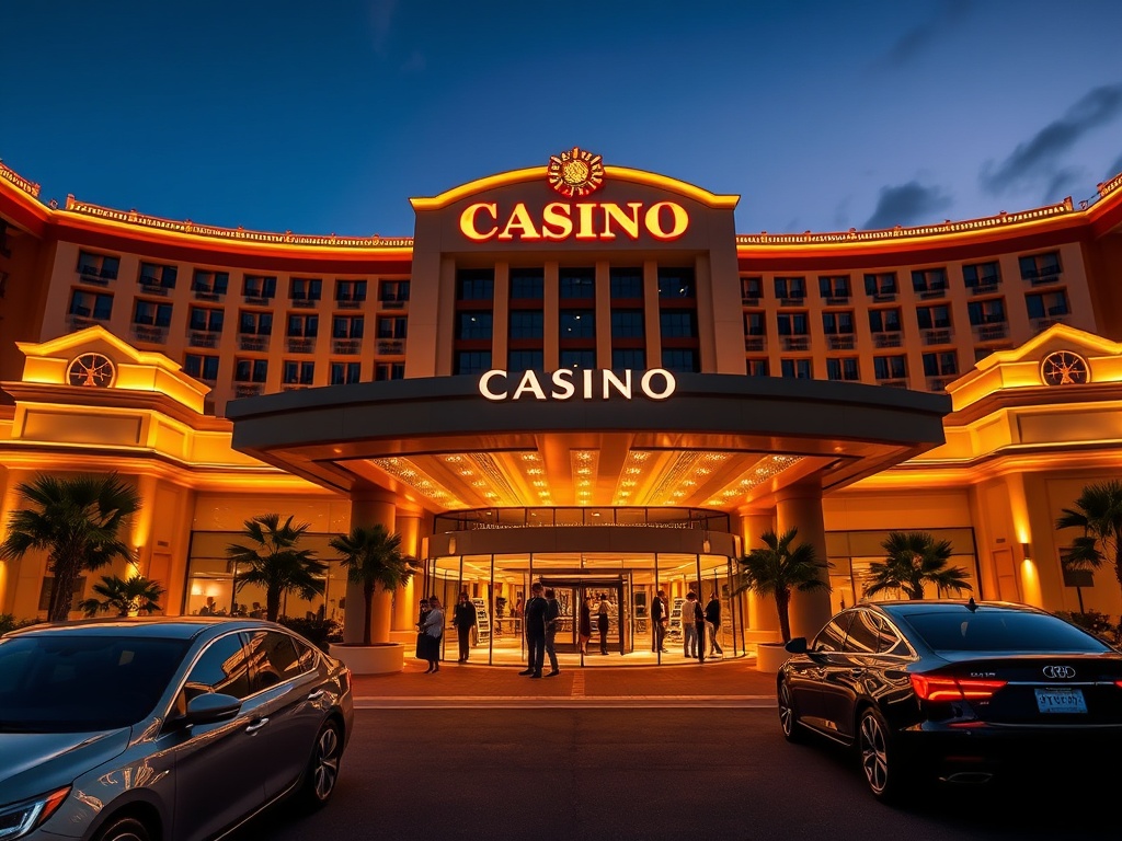 A luxurious casino hotel entrance at dusk, warm golden lighting, elegant cars, smiling guests, modern lobby glow, inviting resort atmosphere, no signage."