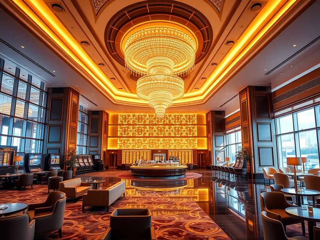 "opulent casino hotel lobby with warm golden lights, elegant reception, stylish lounge seating, inviting dining ambience, serene spa glow"