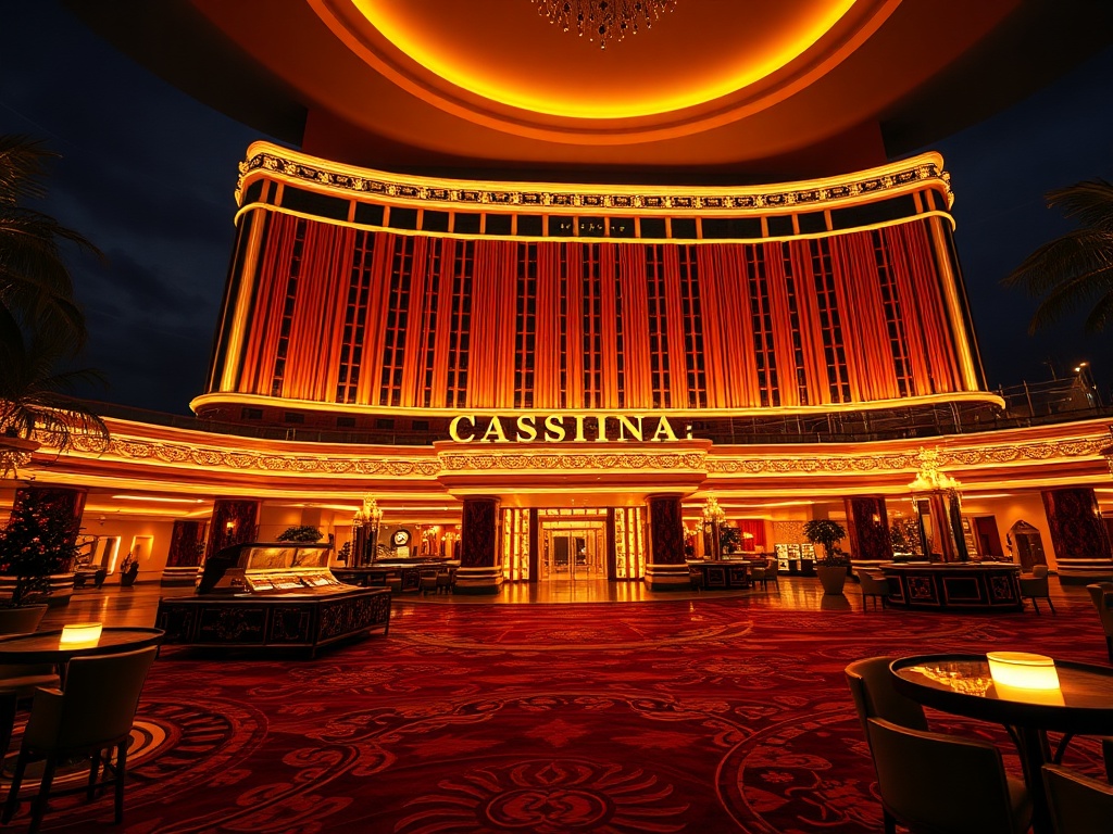 A luxurious casino hotel scene at night, “glowing facade”, “elegant lobby lights”, “rolling velvet curtains”, “champagne-like reflections”, “warm concierge hospitality”, panoramic view.