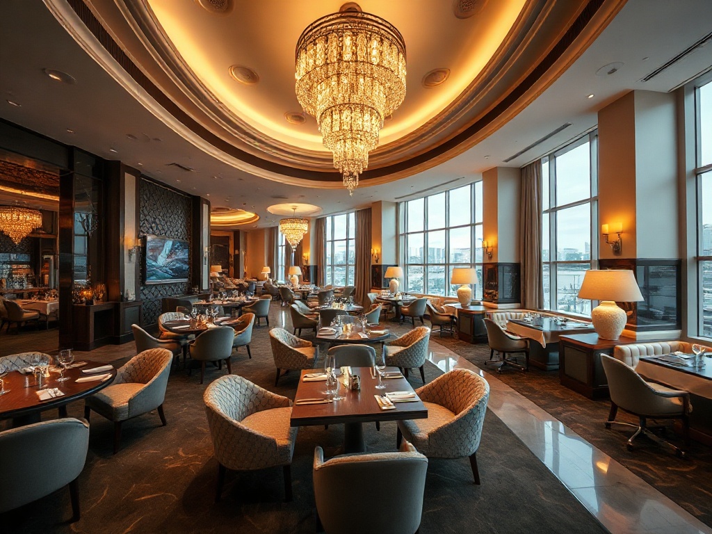 A luxurious casino hotel resort interior scene with spacious elegant suites, gourmet dining tables, and a serene modern wellness spa, warm ambient lighting, tasteful decor, cinematic wide-angle. "
