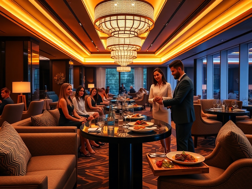 Modern casino hotel lounge, warm ambient lighting, elegant sofas, concierge-style staff greeting guests, guests smiling, gourmet dining plates on table, subtle wellness spa background, cinematic depth.