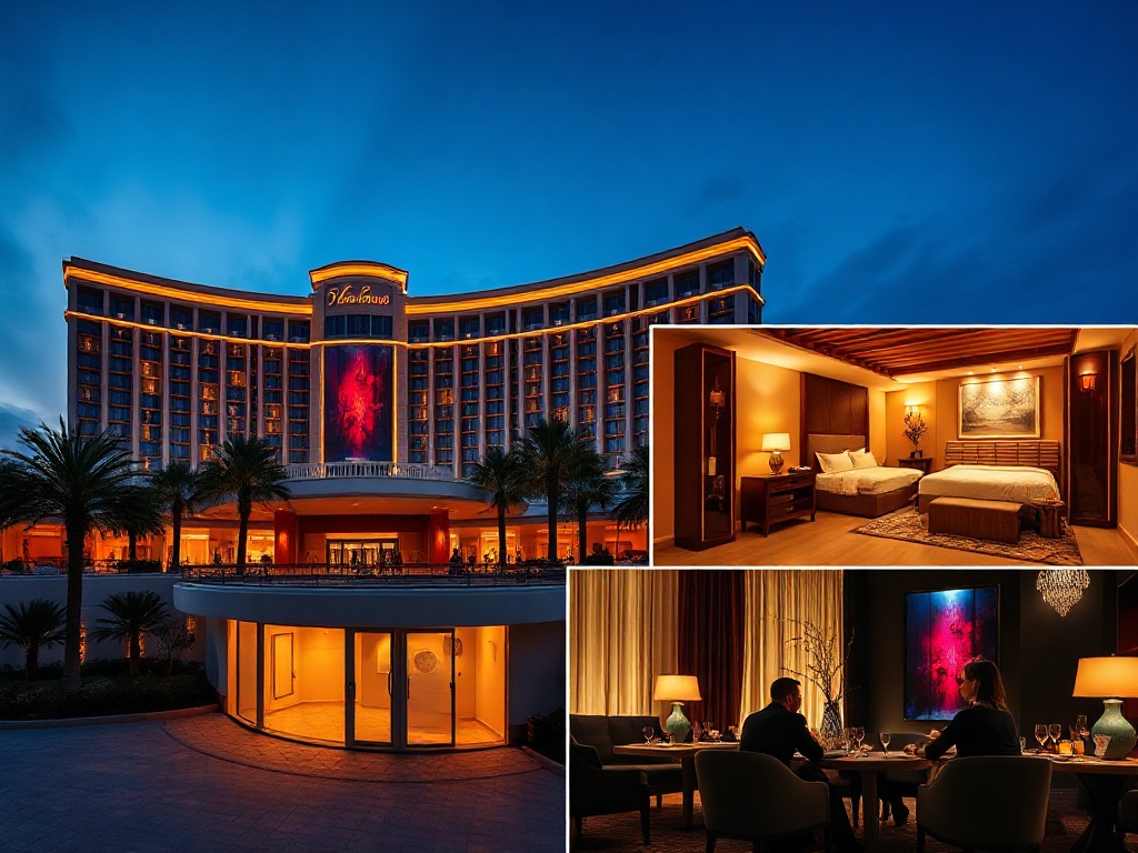"luxury casino hotel resort at dusk with glowing windows and palm-lined entrance" , "spacious suite interior with soft lighting" , "spa steam, sauna silhouette" , "gourmet dining ambiance" , "elegant guests relaxing" WITHOUT ANY text of"