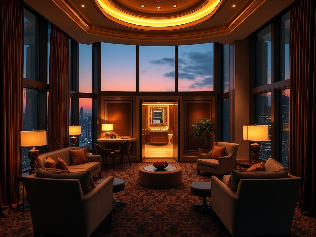 Luxurious casino hotel suite interior at twilight, plush seating, floor-to-ceiling windows, warm ambient lighting, subtle gaming lounge vibe, spa door ajar, elegant atmosphere, no people.