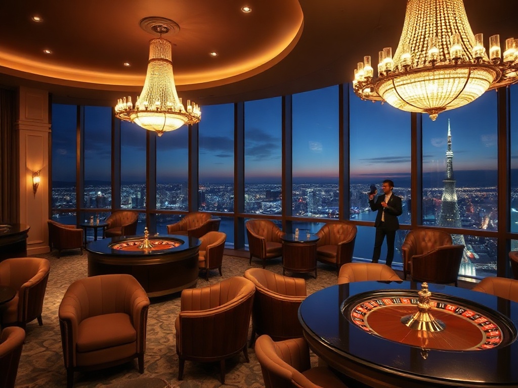 "Luxurious casino-hotel hero scene" "glowing chandeliers" "elegant lobby" "velvet seating" "subtle roulette ambience" "panoramic night skyline" "modern atmosphere".