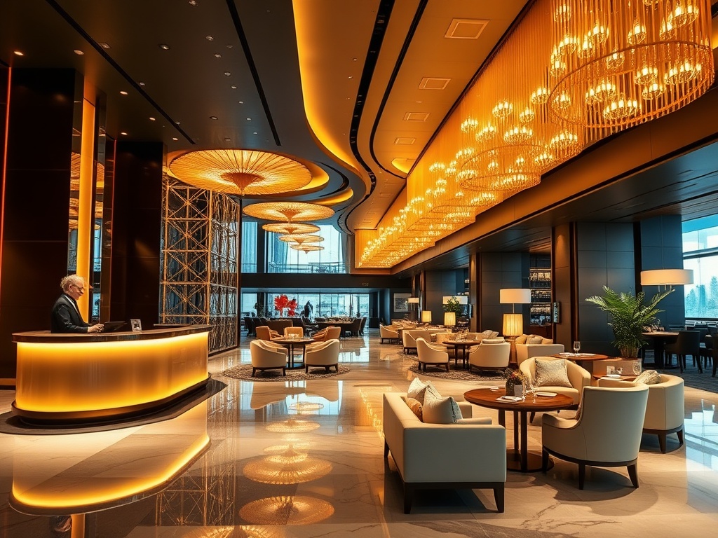 Modern luxury casino hotel lobby with warm golden lighting, elegant concierge offering a welcome gift, stylish lounge seating, distant gourmet dining, soft wellness glow.