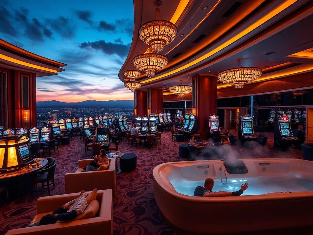 Luxurious casino hotel interior at dusk, warm ambient lighting, elegant suites, subtle gaming glow, guests relaxing on modern lounge sofas, wellness spa steam, cinematic depth of field.