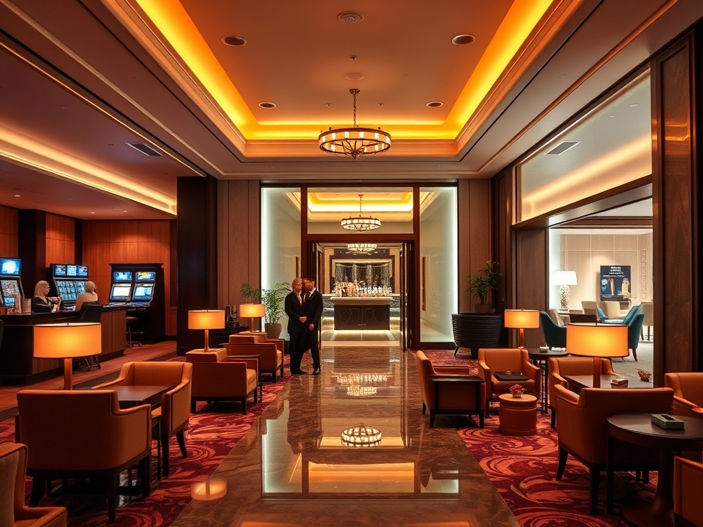 Modern casino hotel lobby with warm ambient lighting, concierge-style hospitality vibe, elegant seating, subtle gaming-atmosphere elements, couples smiling, luxurious wellness-spa doorway.