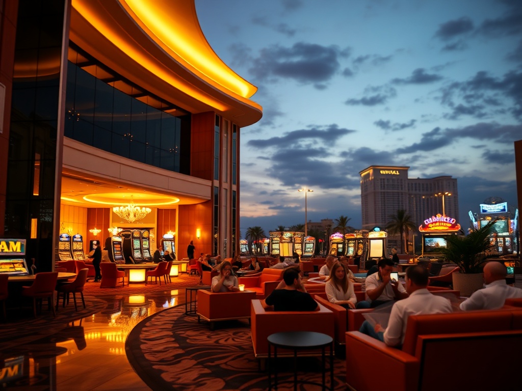 Luxurious casino hotel interior at dusk, warm ambient lighting, elegant suites, subtle gaming glow, guests relaxing on modern lounge sofas, wellness spa steam, cinematic depth of field.