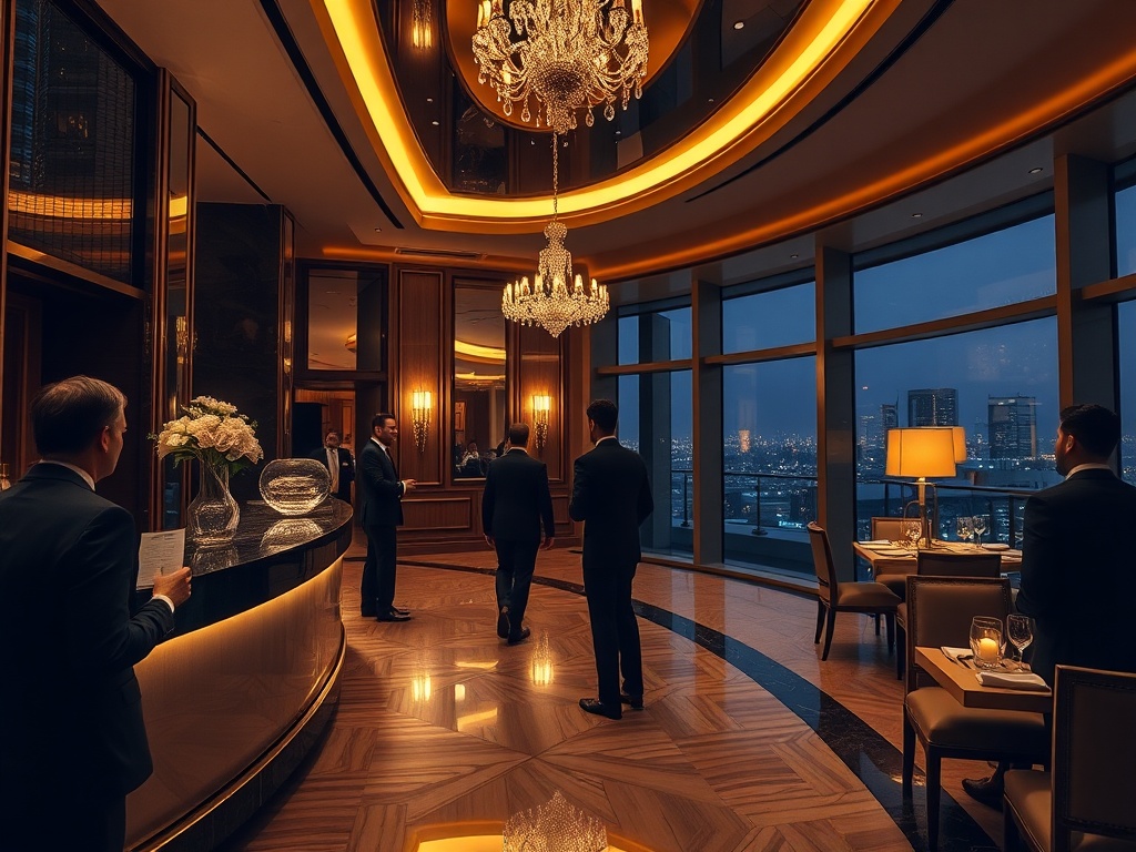 “elegant hotel lobby at night, warm golden lights, smiling concierge offering keyless arrival, guests in luxurious suits, panoramic suite window view, gourmet dining ambiance”