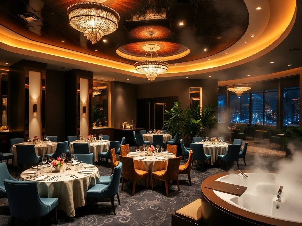 “luxury casino hotel resort at night” “elegant lounge and warm lights” “gourmet dining table” “modern spa with steam” “business meeting desk”