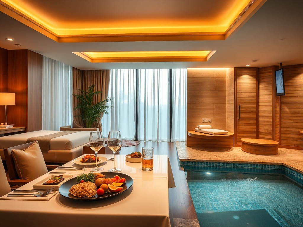 "luxury suite with warm lighting" "inviting restaurant table with gourmet dishes" "modern spa lounge with dry sauna and wet pool" "elegant guests smiling"