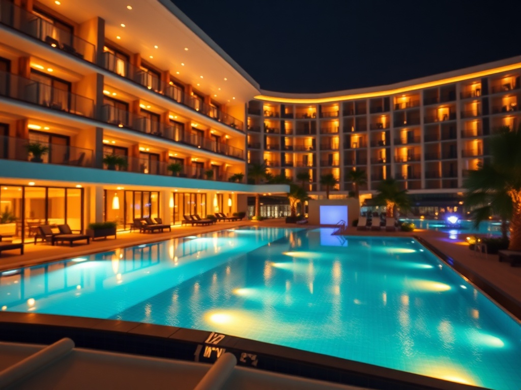 "Modern casino hotel night scene" "warm lighting" "stylish balcony" "glowing pool" "subtle bokeh lights" "inviting resort atmosphere" "for social follow"