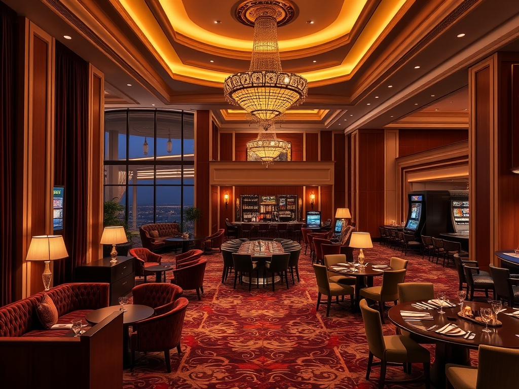 Luxurious casino hotel lobby at night, warm lighting, velvet lounge seating, elegant suite view window, subtle gaming atmosphere, gourmet dining tables, glamorous bar, welcoming ambience, no people.