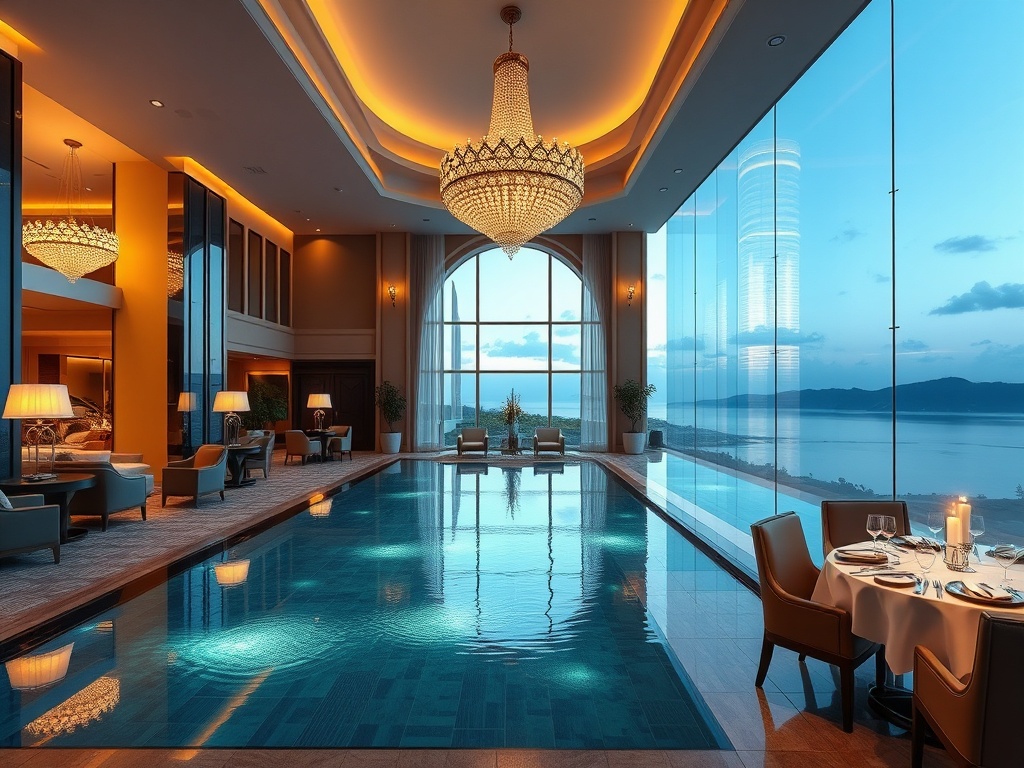 "Luxury casino hotel resort welcome scene with glowing chandelier lobby, elegant lounge, sparkling infinity pool, gourmet dining table, serene spa steam, soft golden ambience" You MUST not include ANY brand images or logos. You may ONLY reply with the for