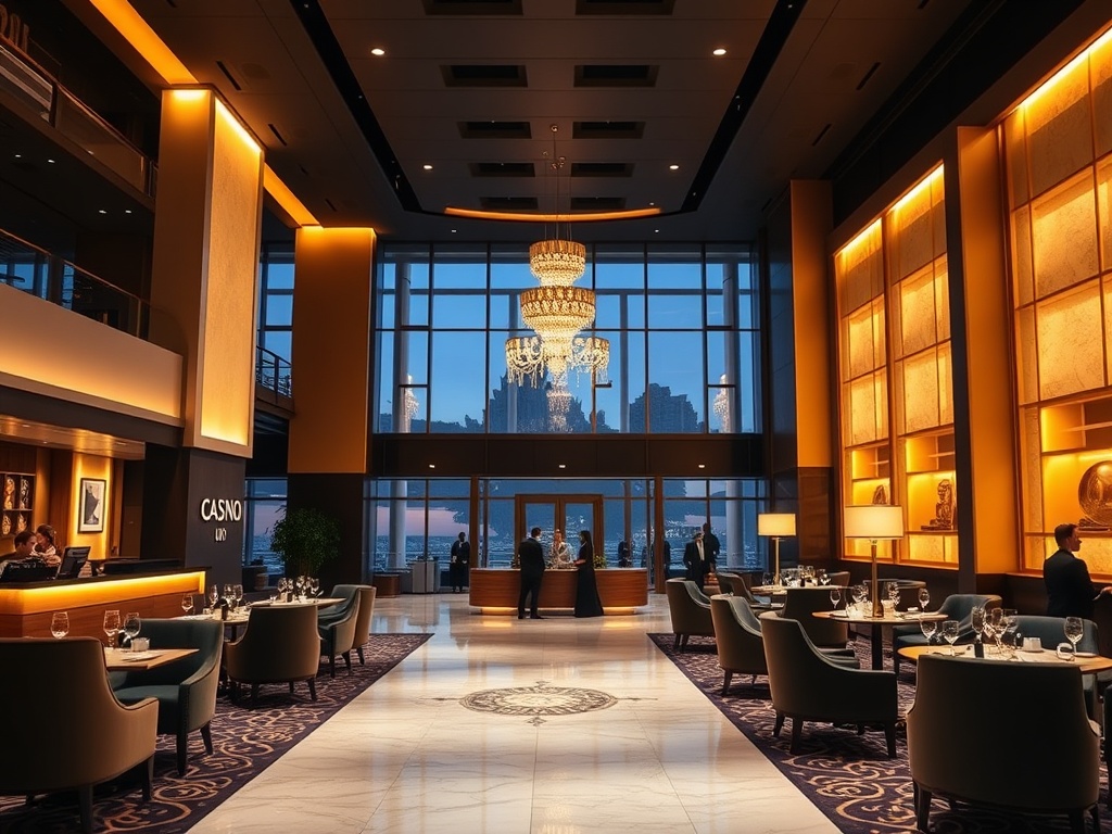 "Modern upscale casino hotel lobby with warm ambient lighting, velvet seating, elegant reception desk, panoramic lounge windows, soft gold accents, serene spa glimpse, gourmet dining atmosphere, stylish guests, cinematic depth of field." "