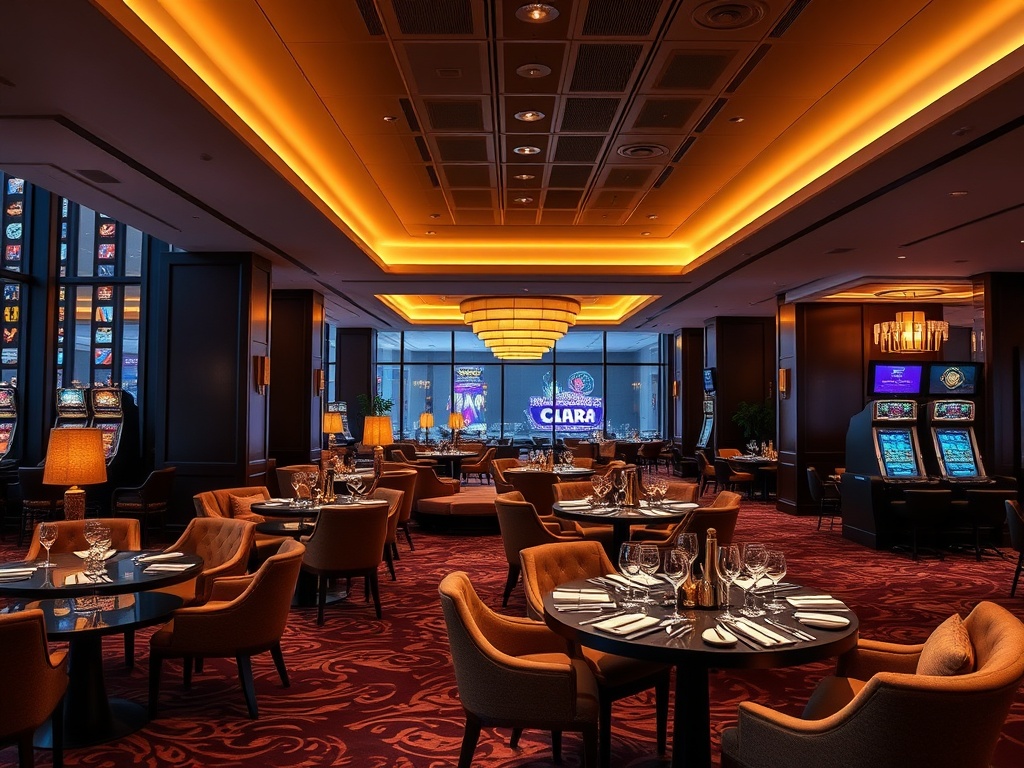 Modern casino hotel lounge with warm lighting, stylish seating, gourmet dining table, subtle wellness spa glow, distant entertainment ambience, inviting resort luxury, no people, ultra-detailed.