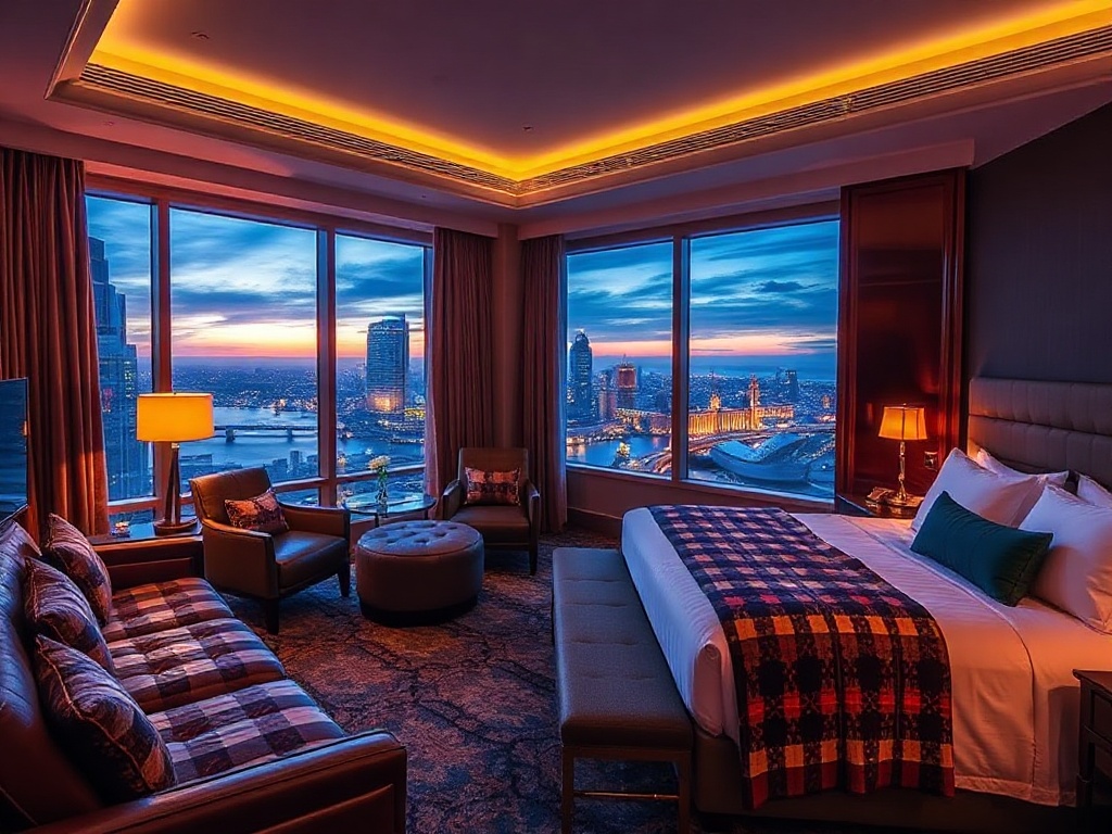 "luxury casino hotel suite" with "sofa and king bed", "glowing evening skyline", "elegant bar", "indoor pool steam", "warm concierge lighting"
