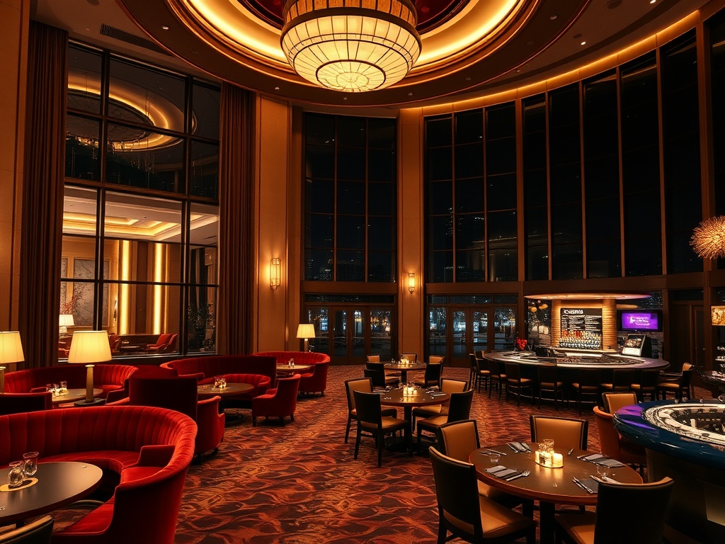 Luxurious casino hotel lobby at night, warm lighting, velvet lounge seating, elegant suite view window, subtle gaming atmosphere, gourmet dining tables, glamorous bar, welcoming ambience, no people.