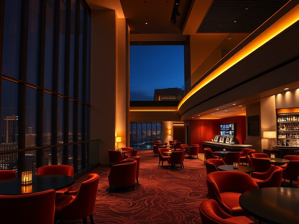 "Modern casino hotel at night with warm glow" "elegant lounge bar" "sleek guest room window" "soft lighting, velvet seating" "subtle gaming atmosphere" "cinematic wide shot" . "You MUST not include ANY brand images or logos. You may ONLY reply with the fo