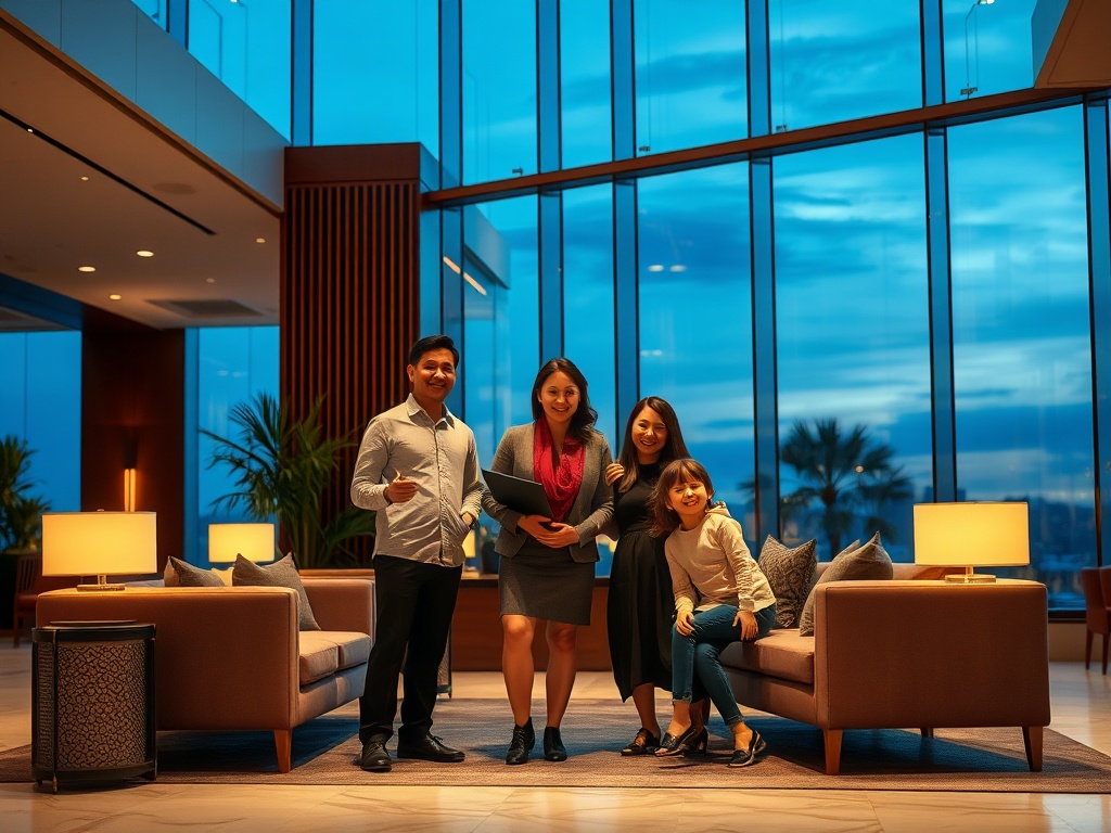 A warm modern hotel lobby at dusk, smiling staff welcoming a family, plush seating, soft golden lights, serene smiles. "