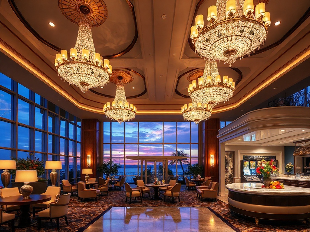 “luxury casino hotel lobby at twilight” “glowing chandeliers” “elegant lounge seating” “fine dining table” “inviting spa entrance” “warm golden lighting”