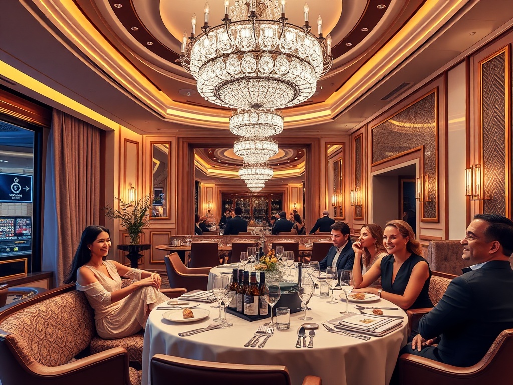 "ultra-luxury casino hotel suite balcony", "sparkling chandelier lounge", "gourmet dining plates", "smiling guests", "warm ambient lights", "attentive concierge". "