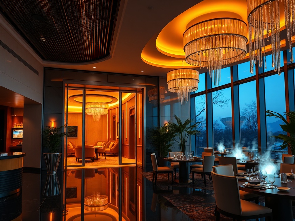 Modern casino hotel resort interior at dusk; “sleek lobby”, “warm ambient lighting”, “inviting suite doorway”, “gourmet dining tables”, “spa steam glow”, “playful entertainment ambience”; ultra realistic, cinematic lighting.