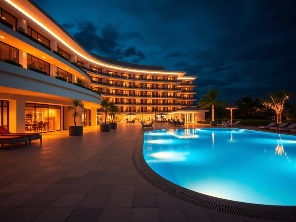"Modern casino hotel night scene" "warm lighting" "stylish balcony" "glowing pool" "subtle bokeh lights" "inviting resort atmosphere" "for social follow"