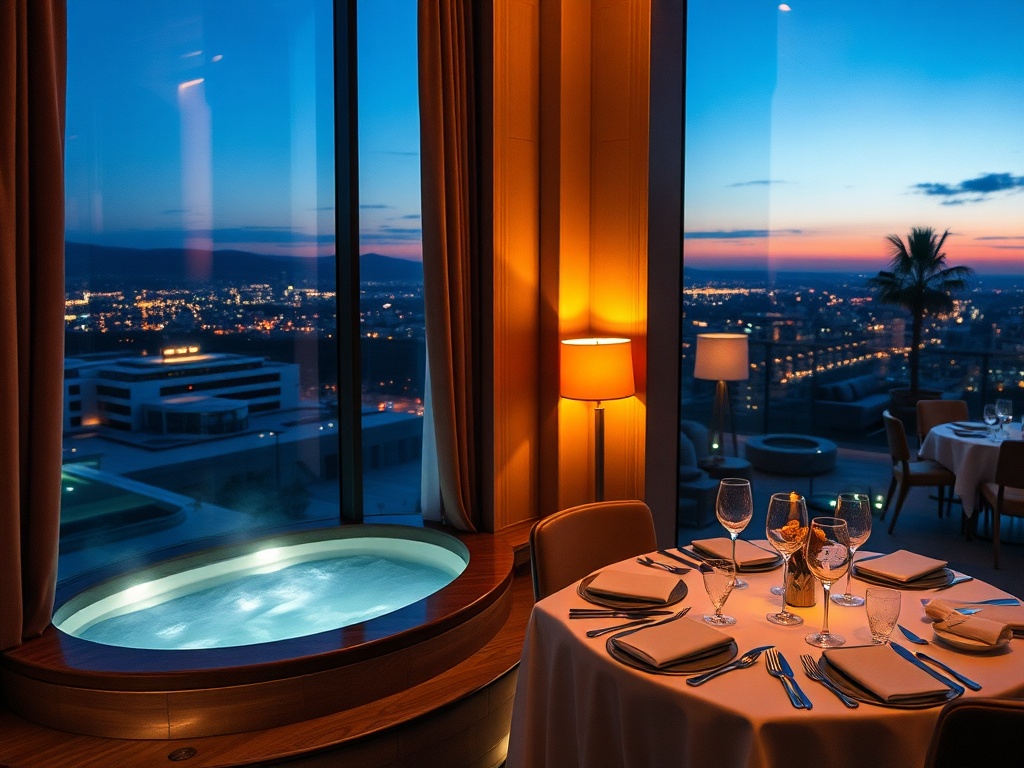 A luxurious casino hotel scene at dusk, "elegant suite window glow" "wellness spa steam" "gourmet dining table" "soft lounge lights" "distant lively lights" "attentive concierge gestures"