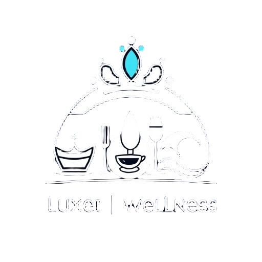 Carefully describe an image that shows three connected feature icons representing "luxe", "gastro", and "wellness" within one resort emblem