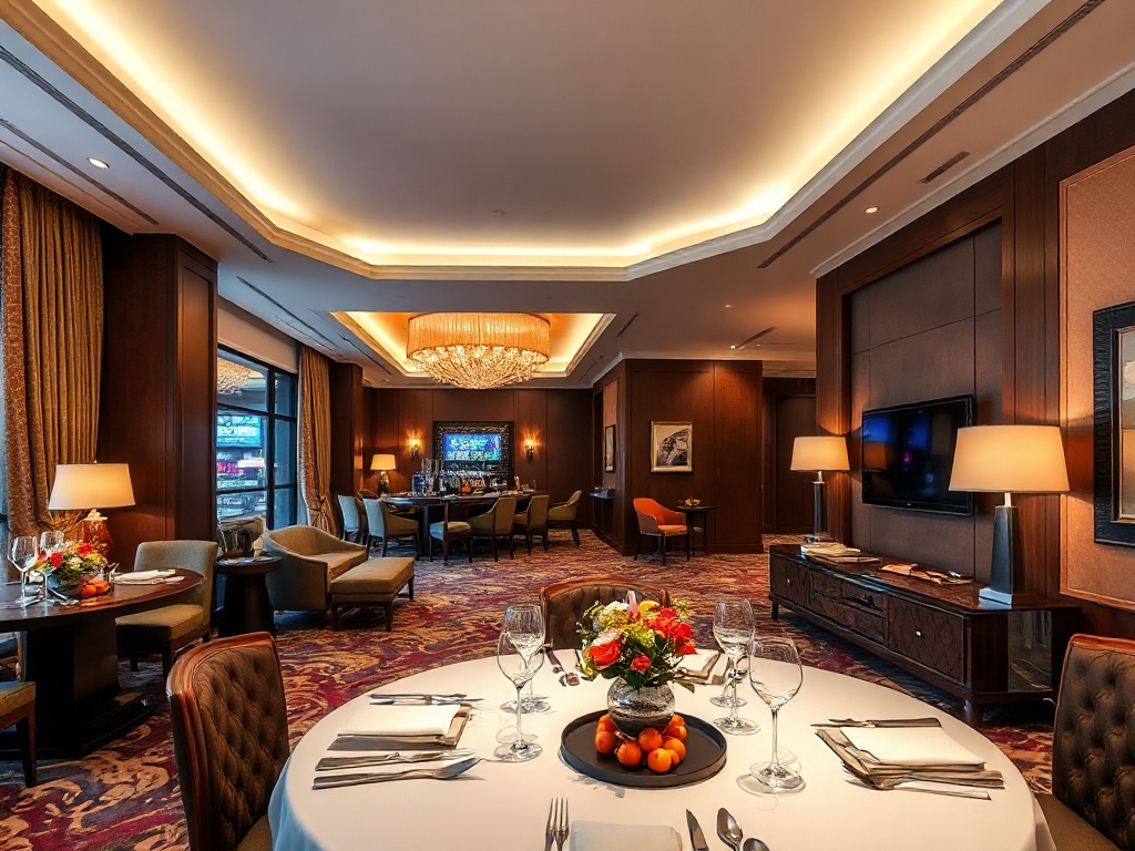 A luxurious casino hotel interior scene with elegant guest room suite, gourmet dining table, and modern leisure lounge, warm ambient lighting, subtle entertainment atmosphere.