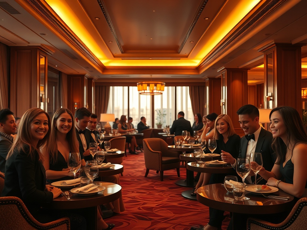 "A warm, elegant casino hotel lounge; smiling guests in stylish attire; soft golden lighting; gourmet plated dishes; cozy suite view; subtle wellness ambiance; inviting luxury." " "You MUST not include ANY brand images or logos. You may ONLY reply with th