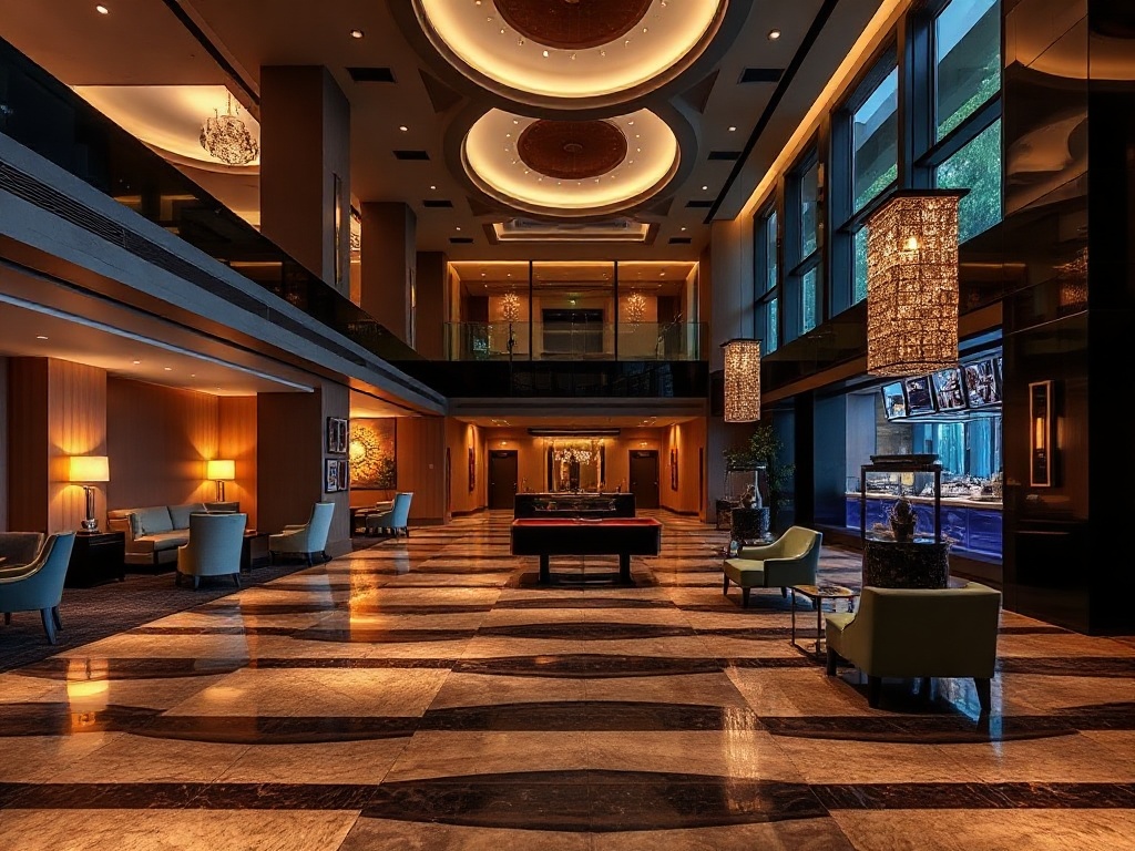 "Luxurious modern casino hotel lobby blending sleek guest rooms, a serene spa steam glow, and elegant entertainment lounge lights, warm inviting atmosphere, ultra-realistic."