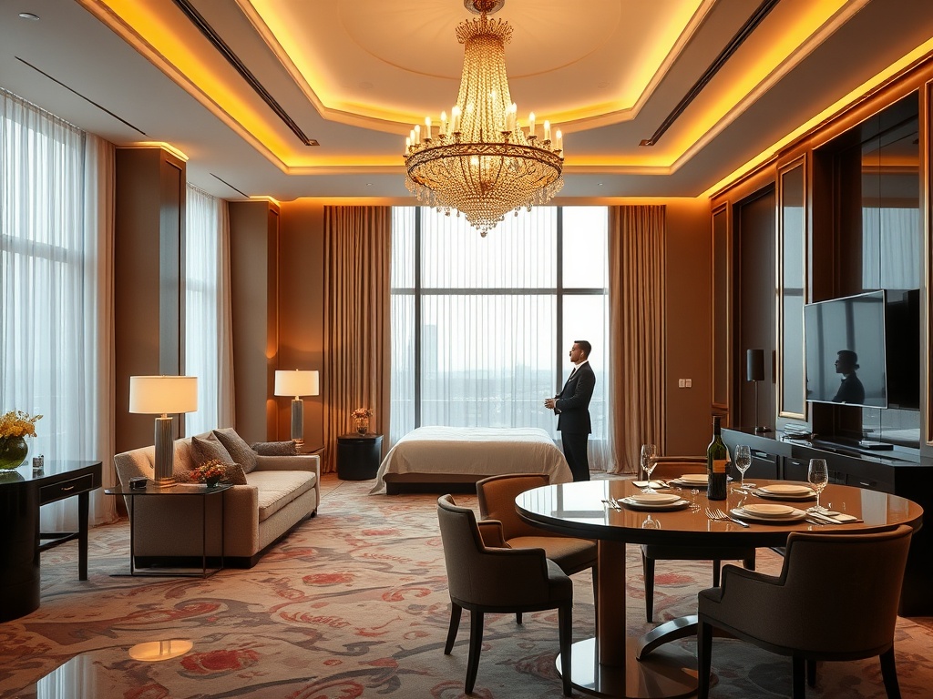 A luxurious casino hotel suite blending warm modern interiors “sofa” “bed” “soft lighting” with an adjacent elegant dining table “glowing chandelier” “attentive staff silhouette”