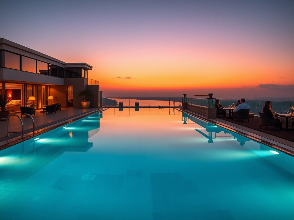 "luxe casino hotel infinity pool at dusk, warm ambient lights, elegant lounge terrace, spacious suite window glow, guests in robes, serene wellness steam, fine dining ambiance"