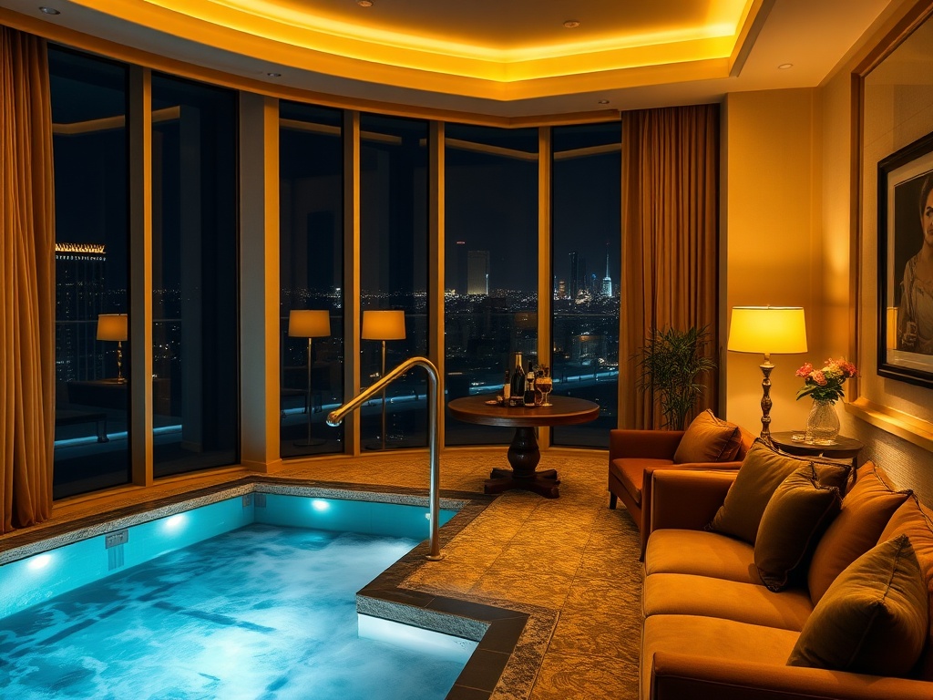 "Luminous elegant hotel suite window view, soft gold lighting, plush sofa, spa pool steam, gourmet table, subtle gaming ambience lights, warm welcoming atmosphere, night"